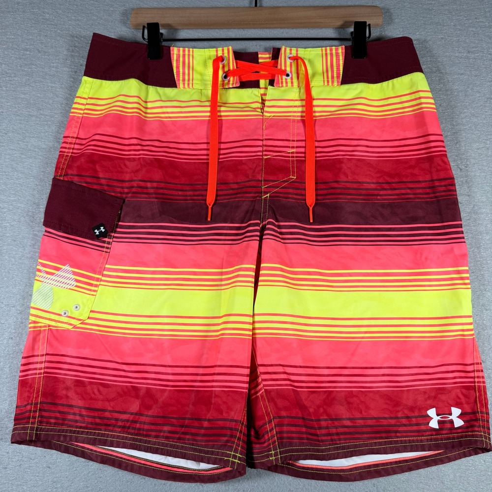 Under Armour Mens HeatGear Striped Board Shorts Red Yellow Size 34 1257781